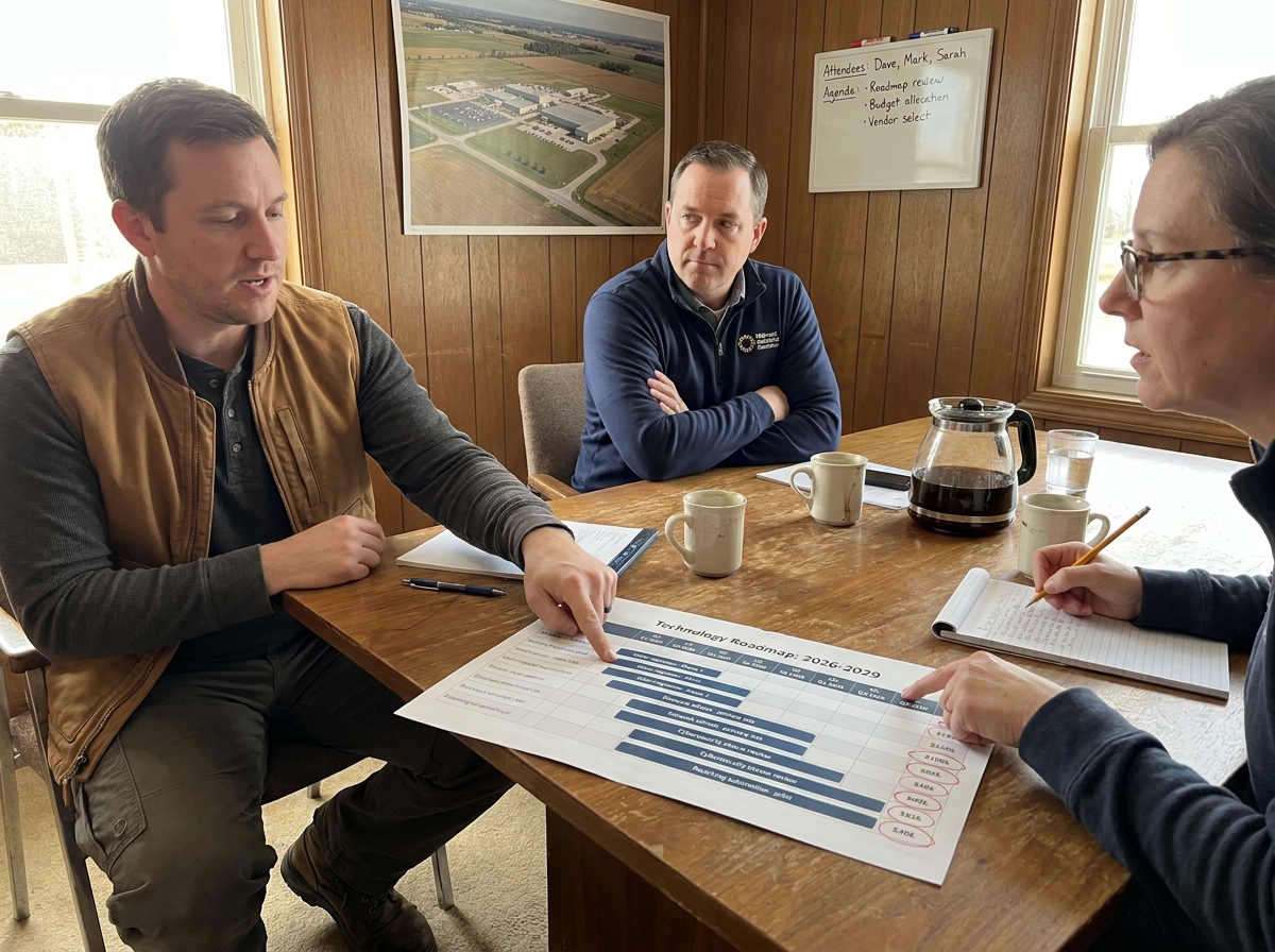 Three people at a wood table reviewing a multi-year technology roadmap; aerial site photo on the wall.