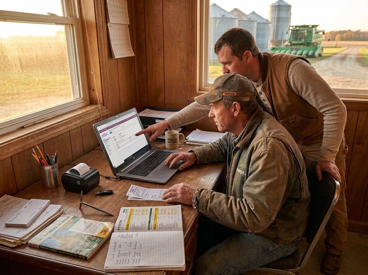 An older farmer at his desk with a consultant standing behind, pointing at an Odoo screen; grain bins visible through the window.