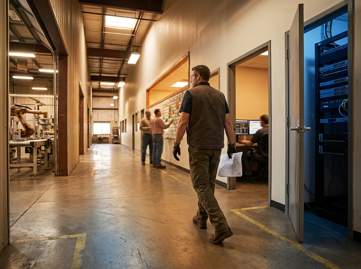 A figure walking past a server room into a fabrication floor.