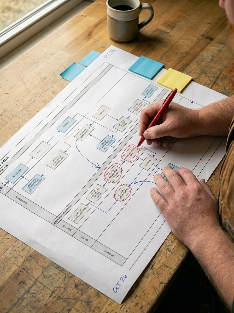 A hand annotating a printed process flow with a red pen.