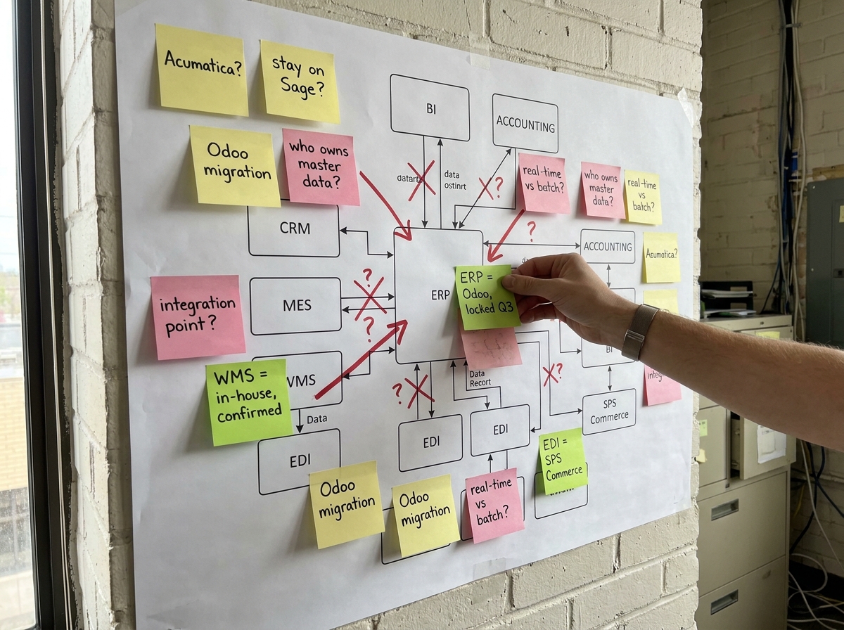 A hand placing a sticky note onto a whiteboard mapping an ERP migration decision.