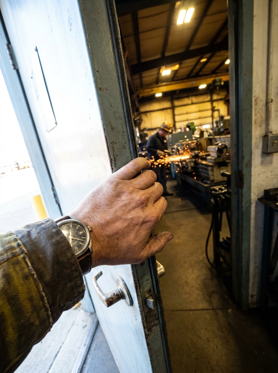 A hand on a shop doorframe; welder sparks visible in the work bay beyond.