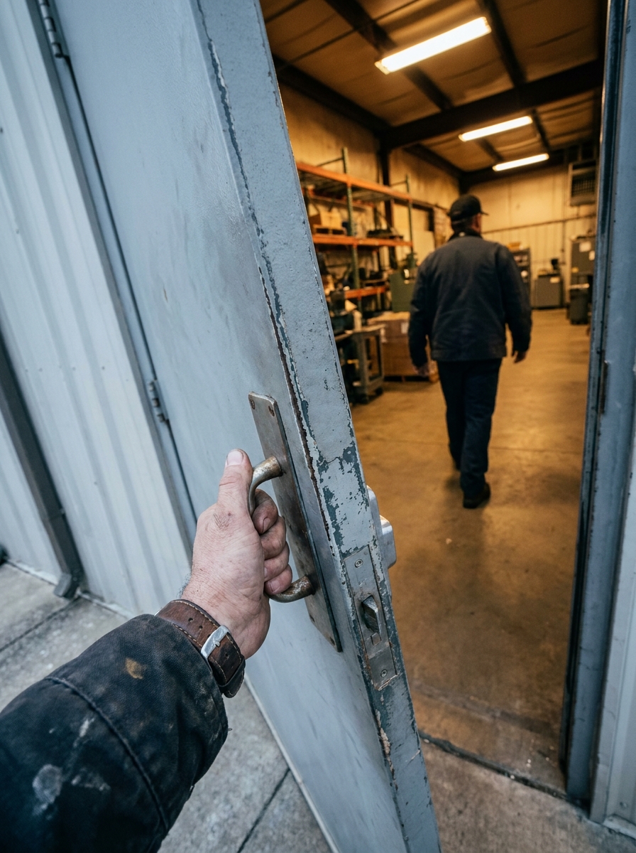 A hand on the door handle of a shop; a figure walks deeper into the building beyond.