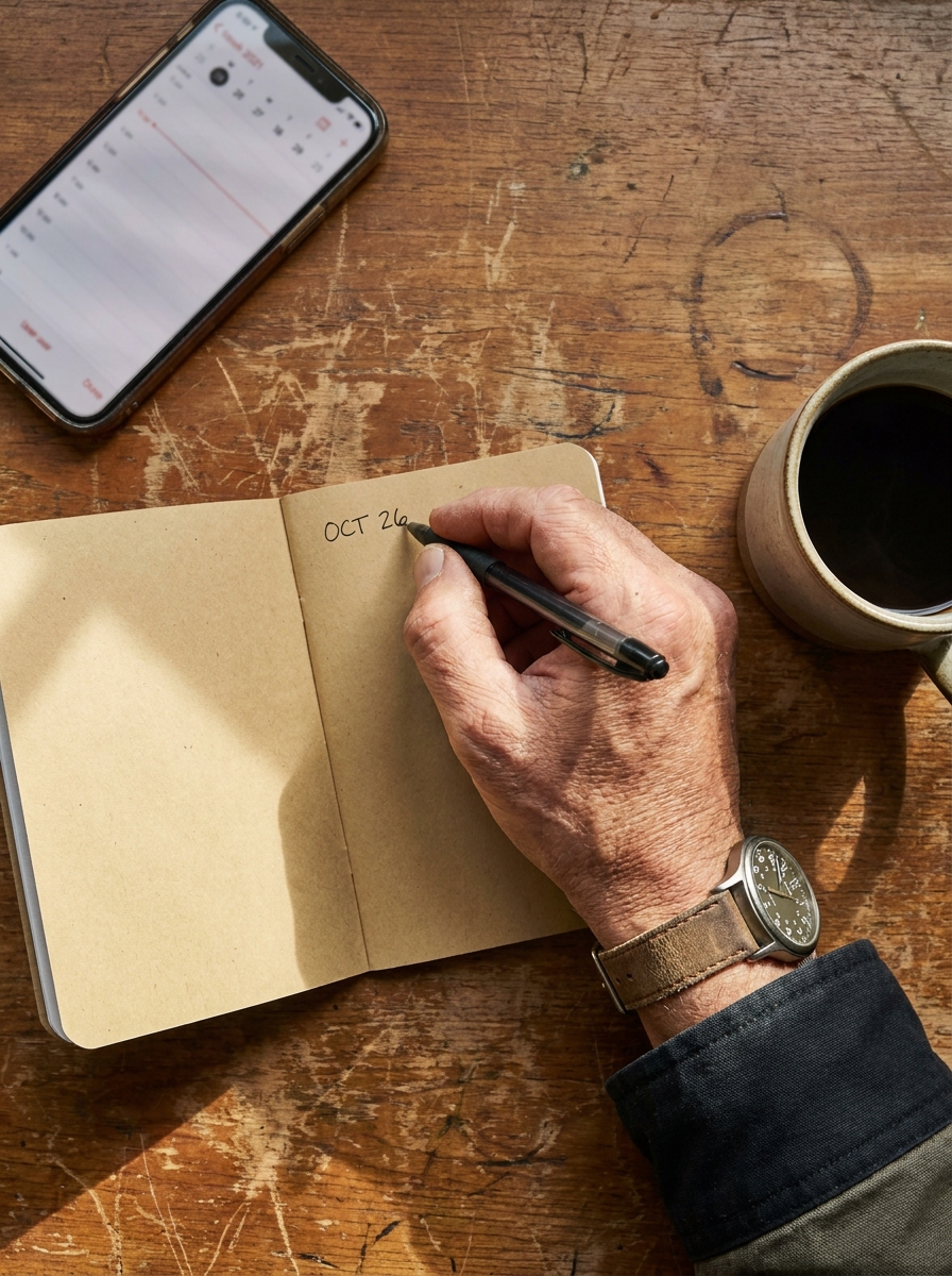 A hand writing a date into a pocket notebook; phone and coffee on a dark wood desk.