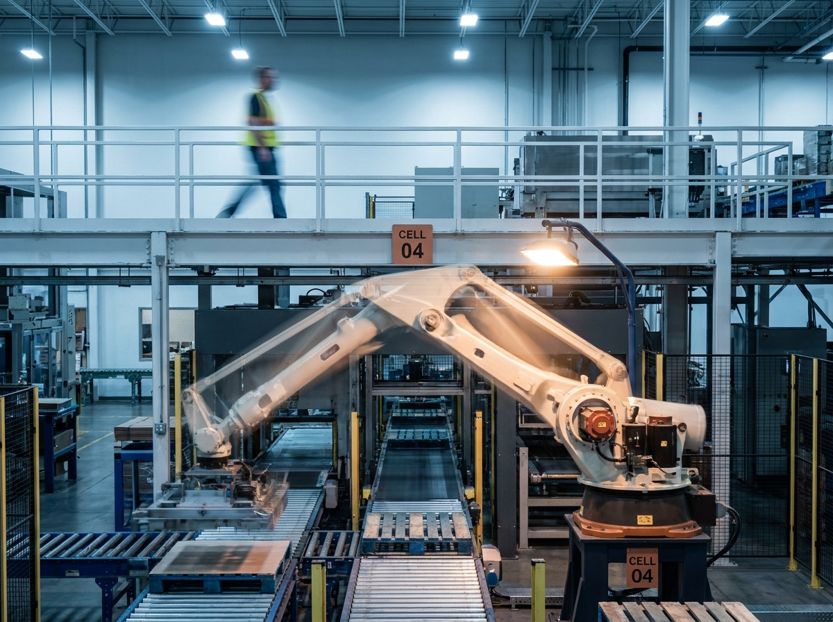 A robotic arm in a fabrication cell with a motion-blurred worker passing on a mezzanine above.