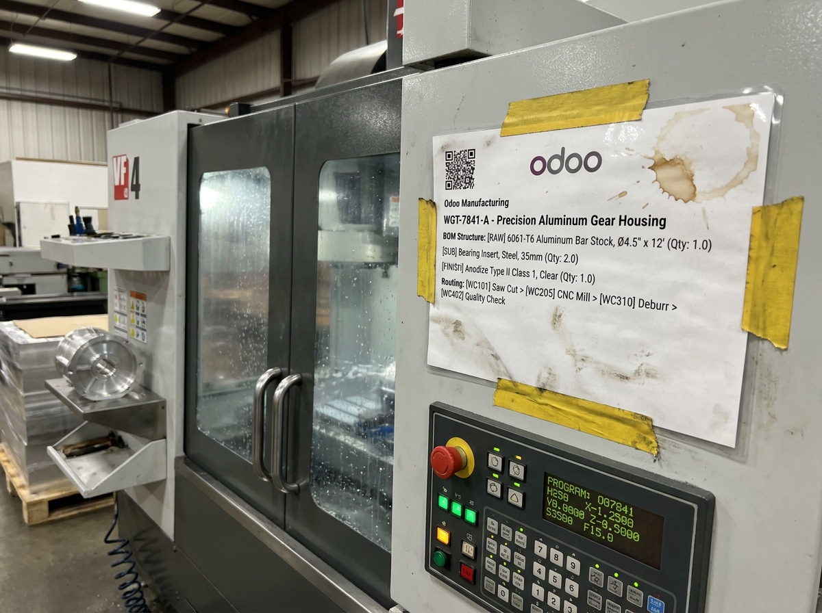 A CNC machine with a stained Odoo work order printout taped to its glass.