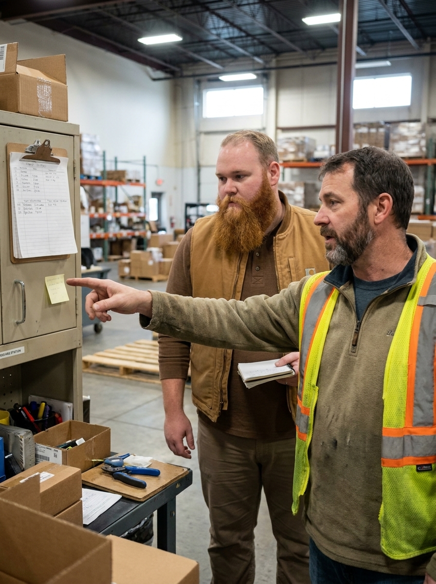 An orange-vest warehouse worker pointing at a clipboard at the parts cabinet while a bearded operator watches.