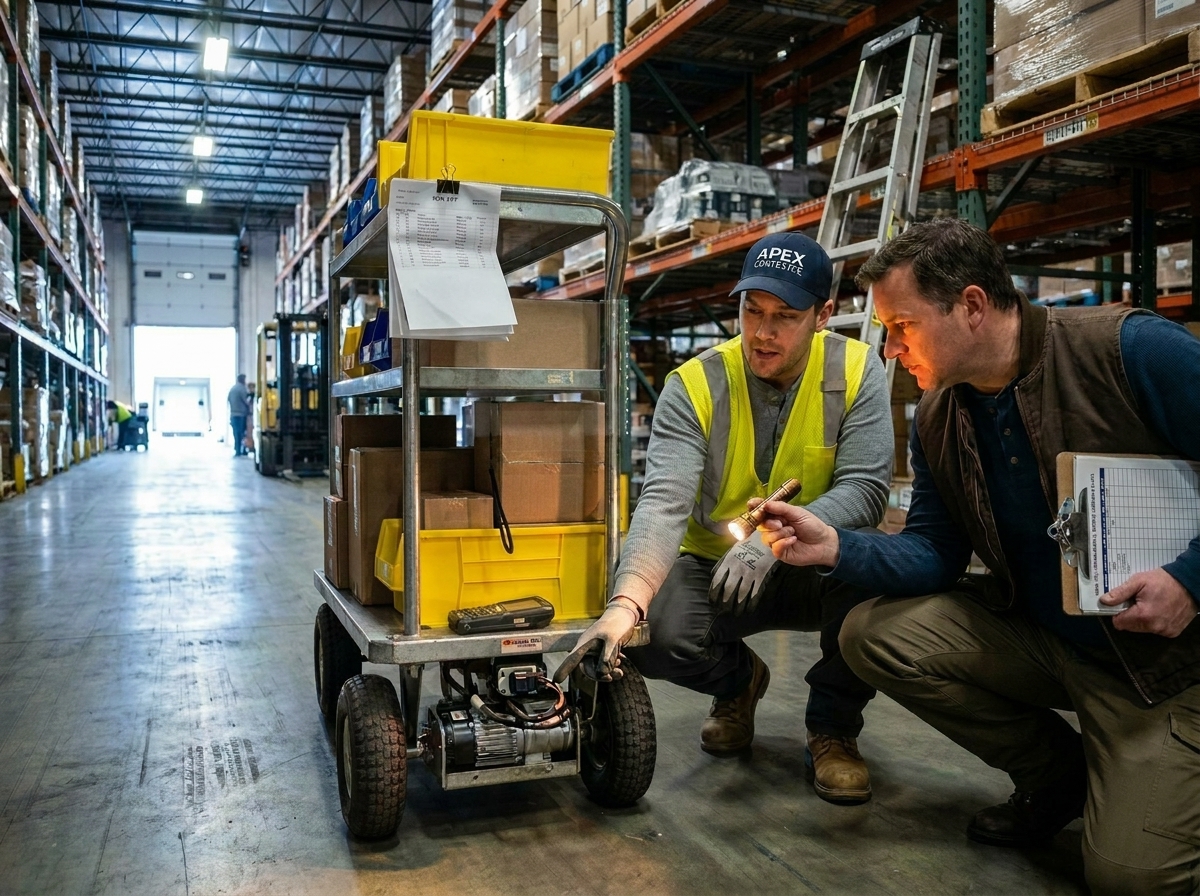 A warehouse picker kneeling beside a cart, showing a hardware issue to a consultant taking notes on a clipboard.