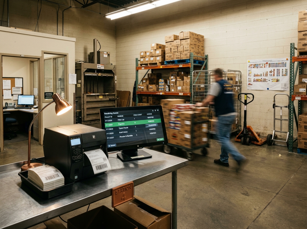 A back-of-house station with a label printer in the foreground; a worker moves past in motion blur.