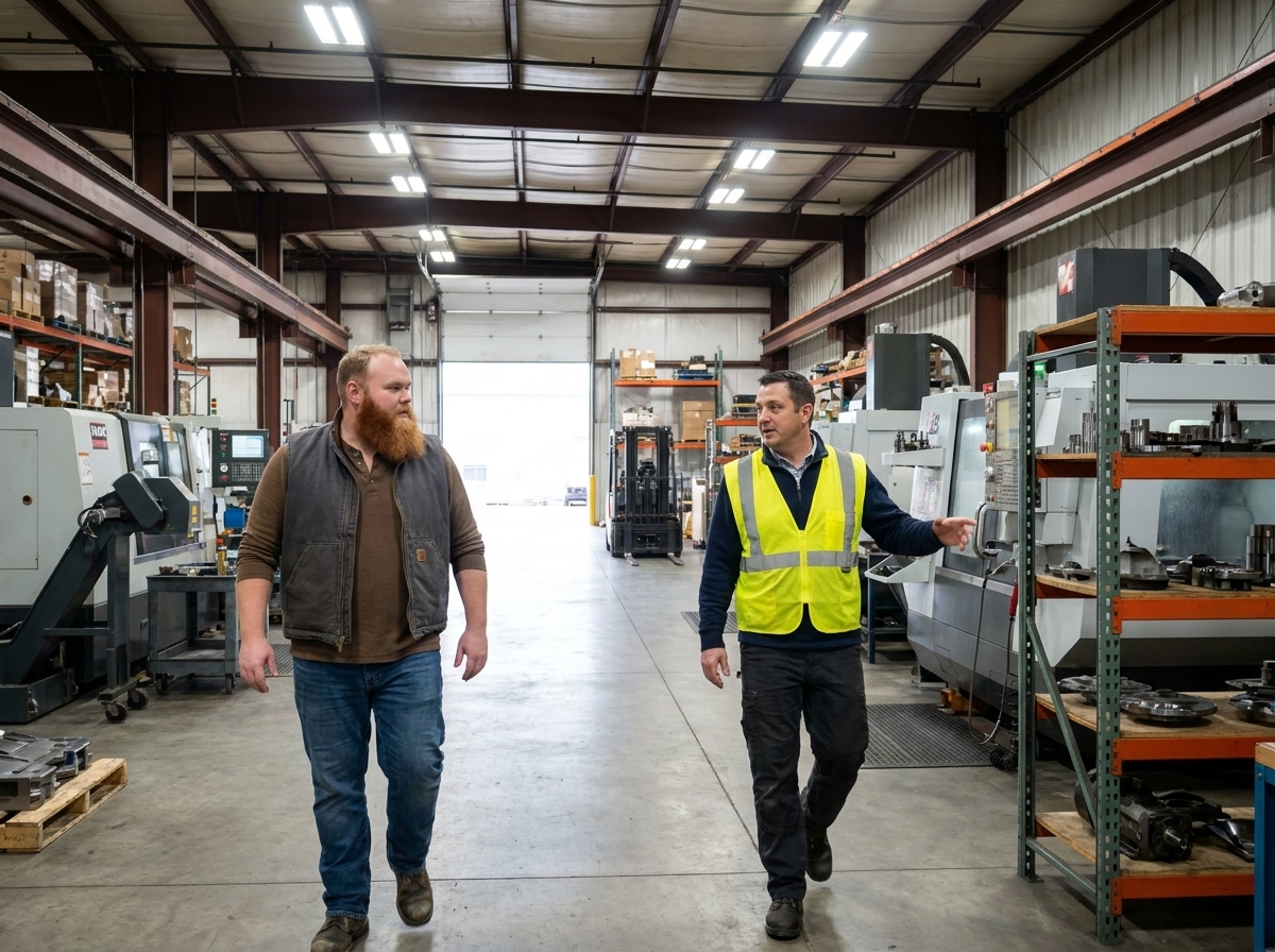Two operators walking a central Indiana fabrication floor.