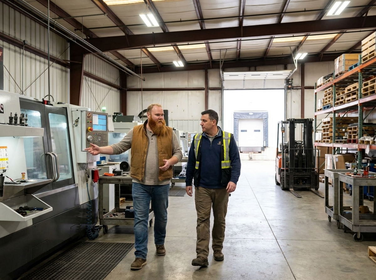 Two operators gesturing at a CNC machine while walking the shop floor.