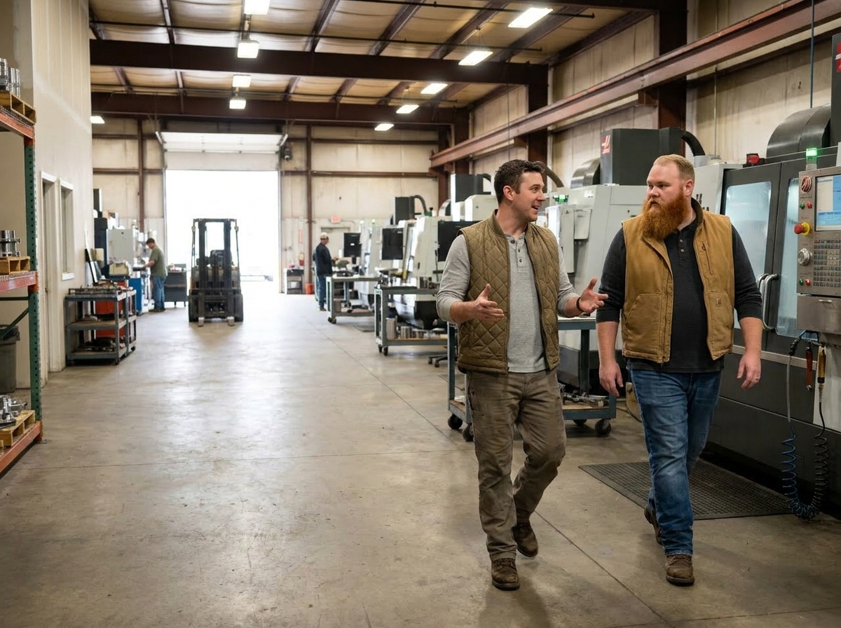 Two operators walking deep into a machine shop, mid-day light.