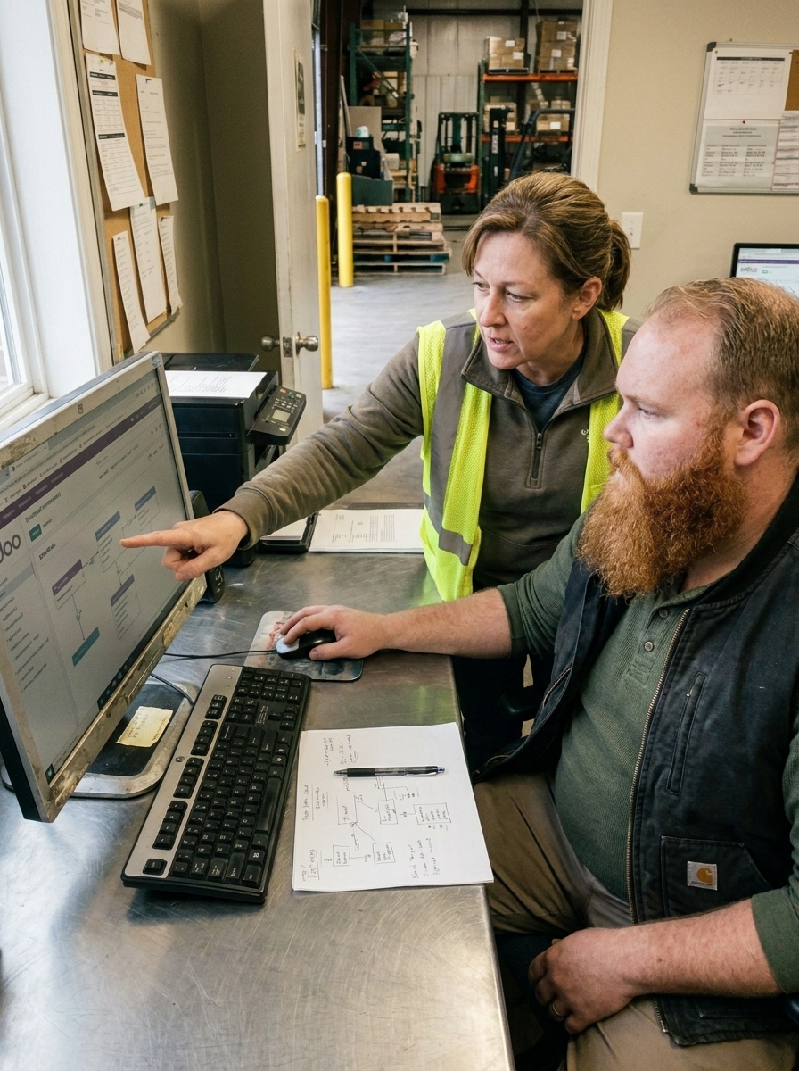 A woman pointing at an Odoo screen while a bearded operator works the keyboard beside her.