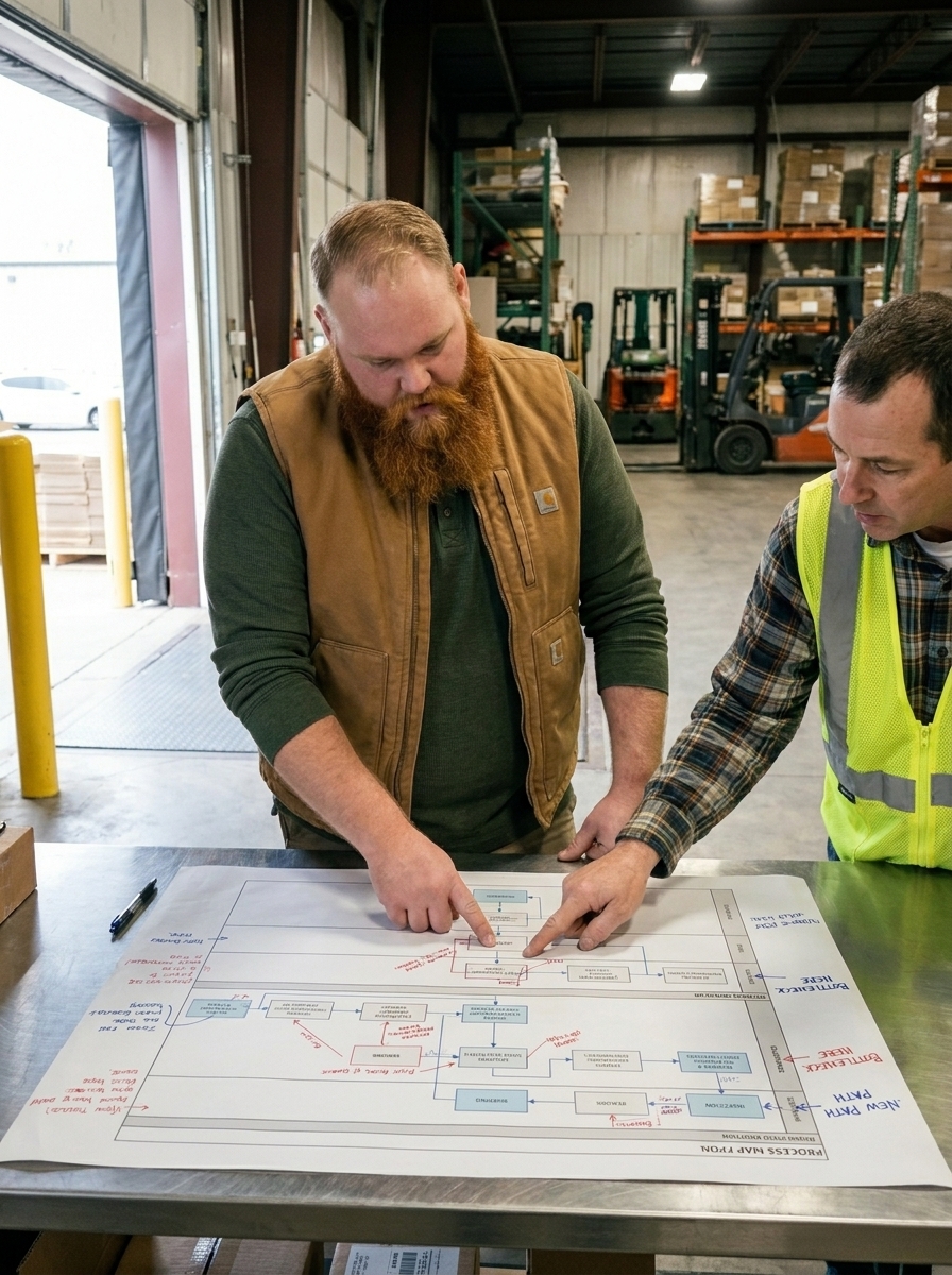 A bearded operator pointing at a marked-up process flow on a table; a foreman in a yellow vest beside him.