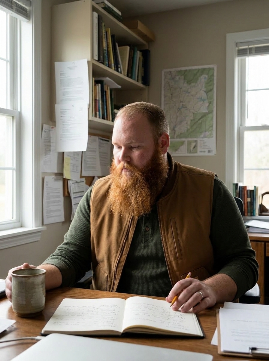 Tyler at his desk with an open journal, three-quarter profile, brown work vest; bookshelves and a topographic map of Indiana behind him.
