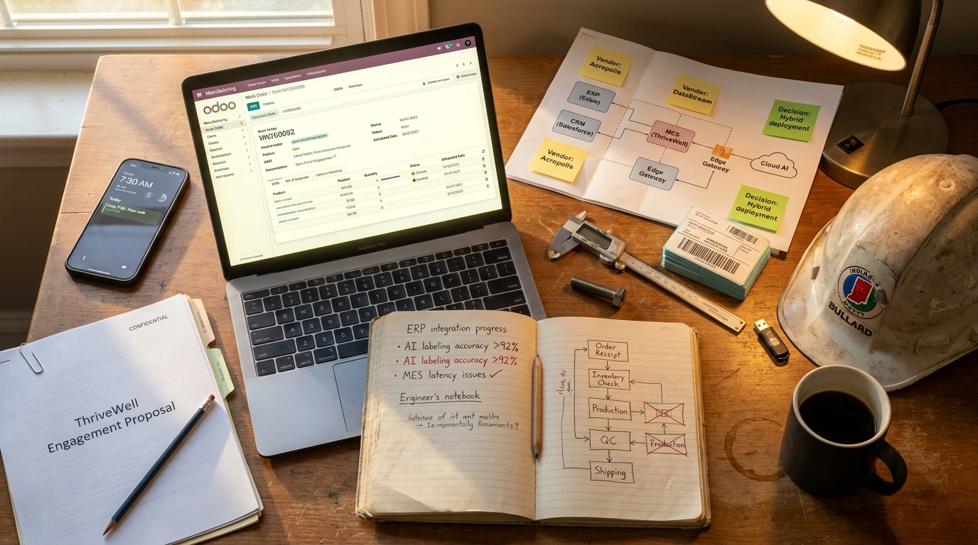 A documented operator's desk: Odoo on a laptop, an engagement proposal, a notebook with ERP integration notes, a hardhat, a phone showing an early-morning alarm.