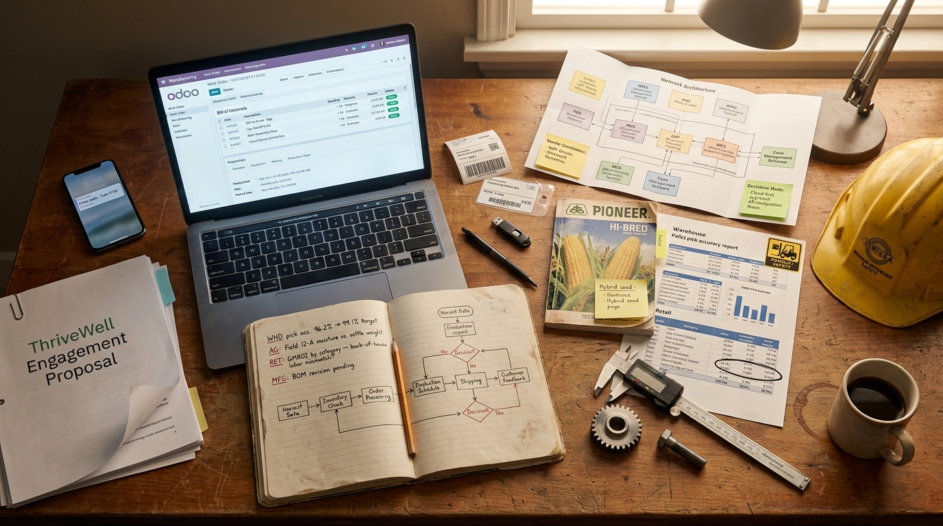 A documented operator's desk with a Pioneer seed bag, ag-flavored notebooks, calipers, and an Odoo work order on screen.
