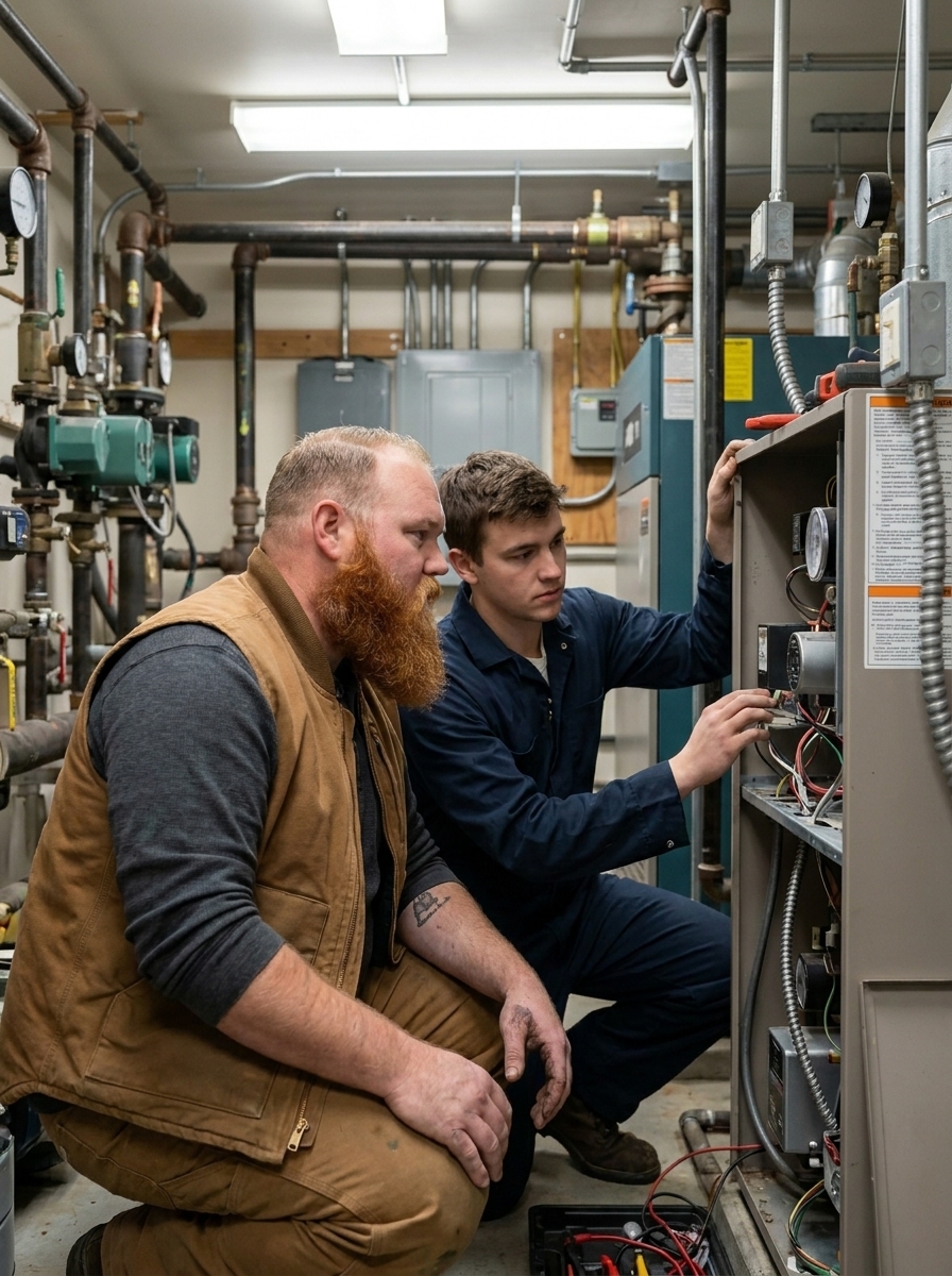 Tyler crouched beside a younger field technician, both hands-on at a commercial HVAC unit in a mechanical room.