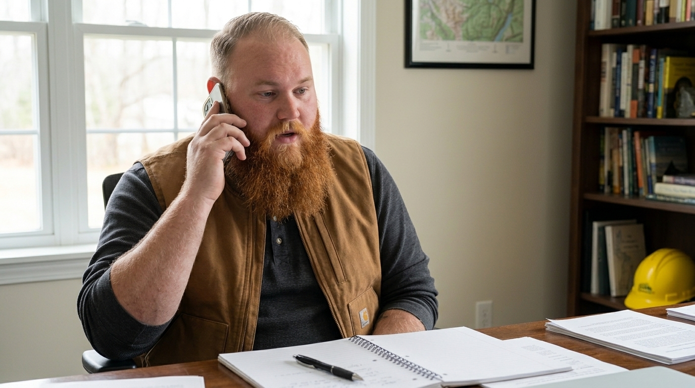 Tyler at his desk holding a phone to his ear, relaxed and listening, an open notebook and pen in front of him.