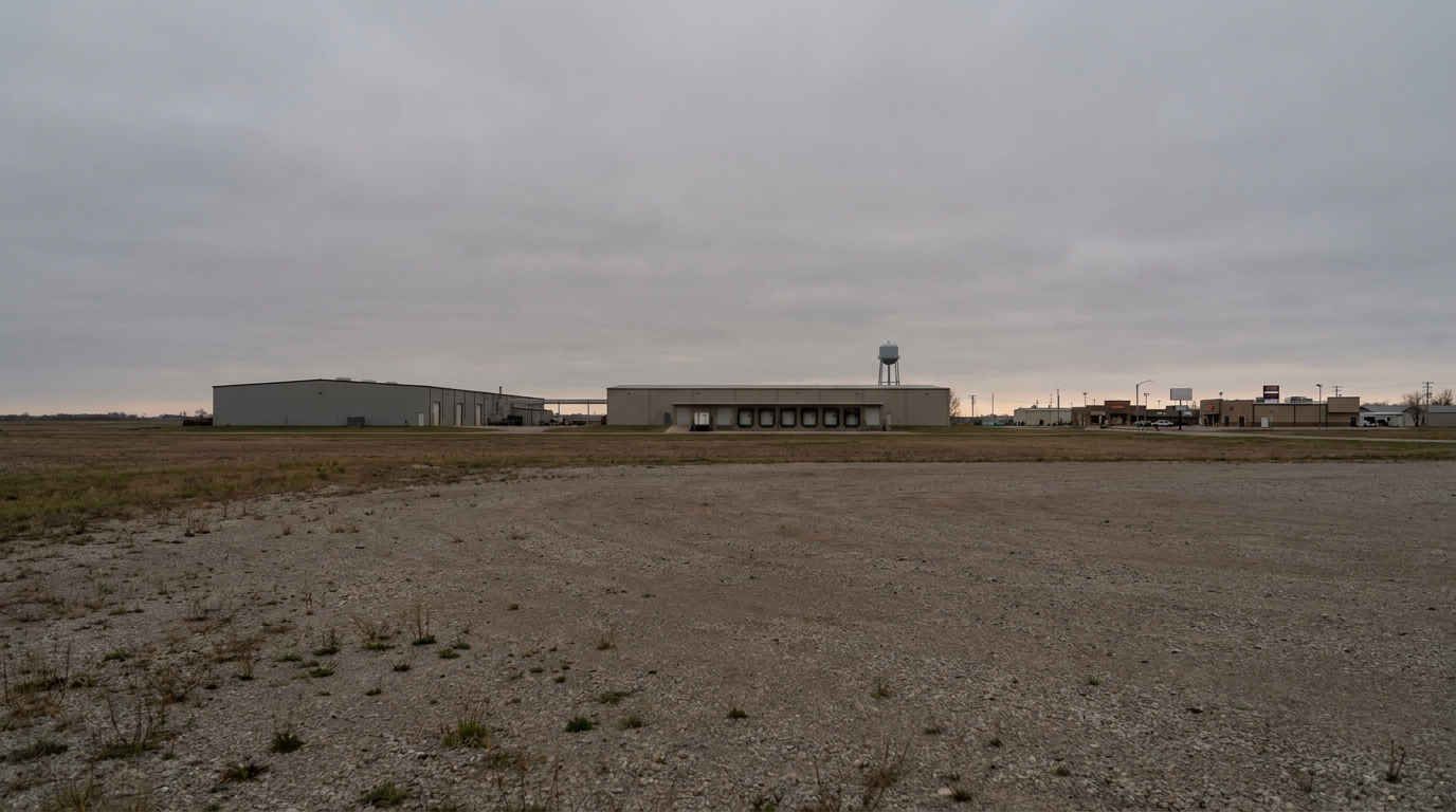 A flat Midwest town edge at dusk: a low factory, a distribution warehouse, a water tower, and a commercial strip under an overcast sky.