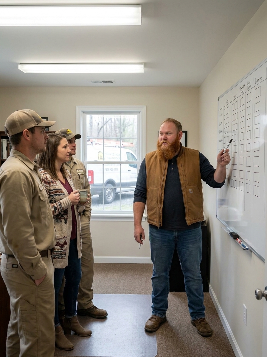 Tyler pointing at a whiteboard grid, leading a short stand-up meeting with three team members.