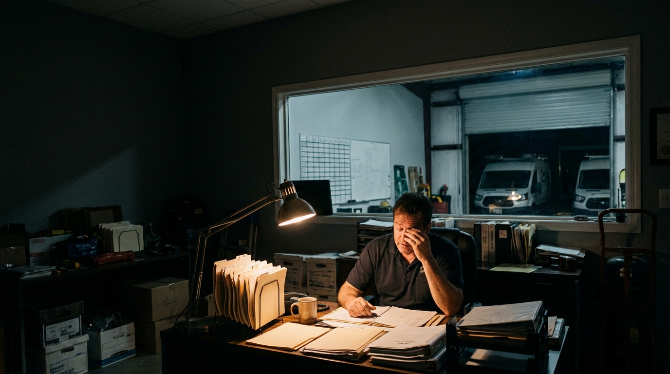 A worn-out owner alone at a messy desk late at night, lit only by a desk lamp, the dispatch area dim behind him.