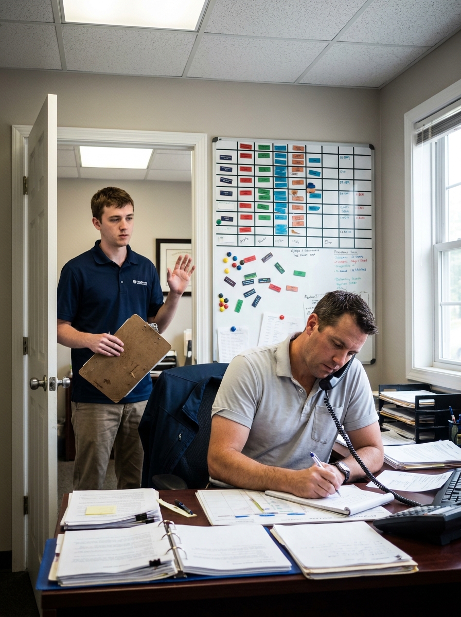 A young dispatcher waiting in an office doorway while an overworked owner works heads-down at a cluttered desk.