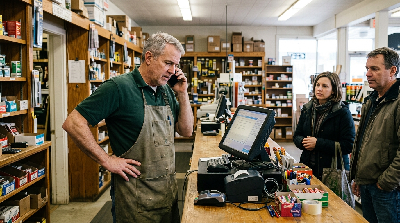 A store owner behind the counter at a frozen point-of-sale register, phone in hand, looking frustrated while customers wait.