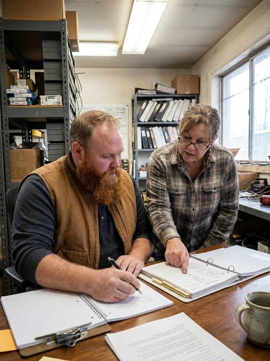 Tyler at a desk taking notes while a woman in a plaid shirt points at an open binder of service records.