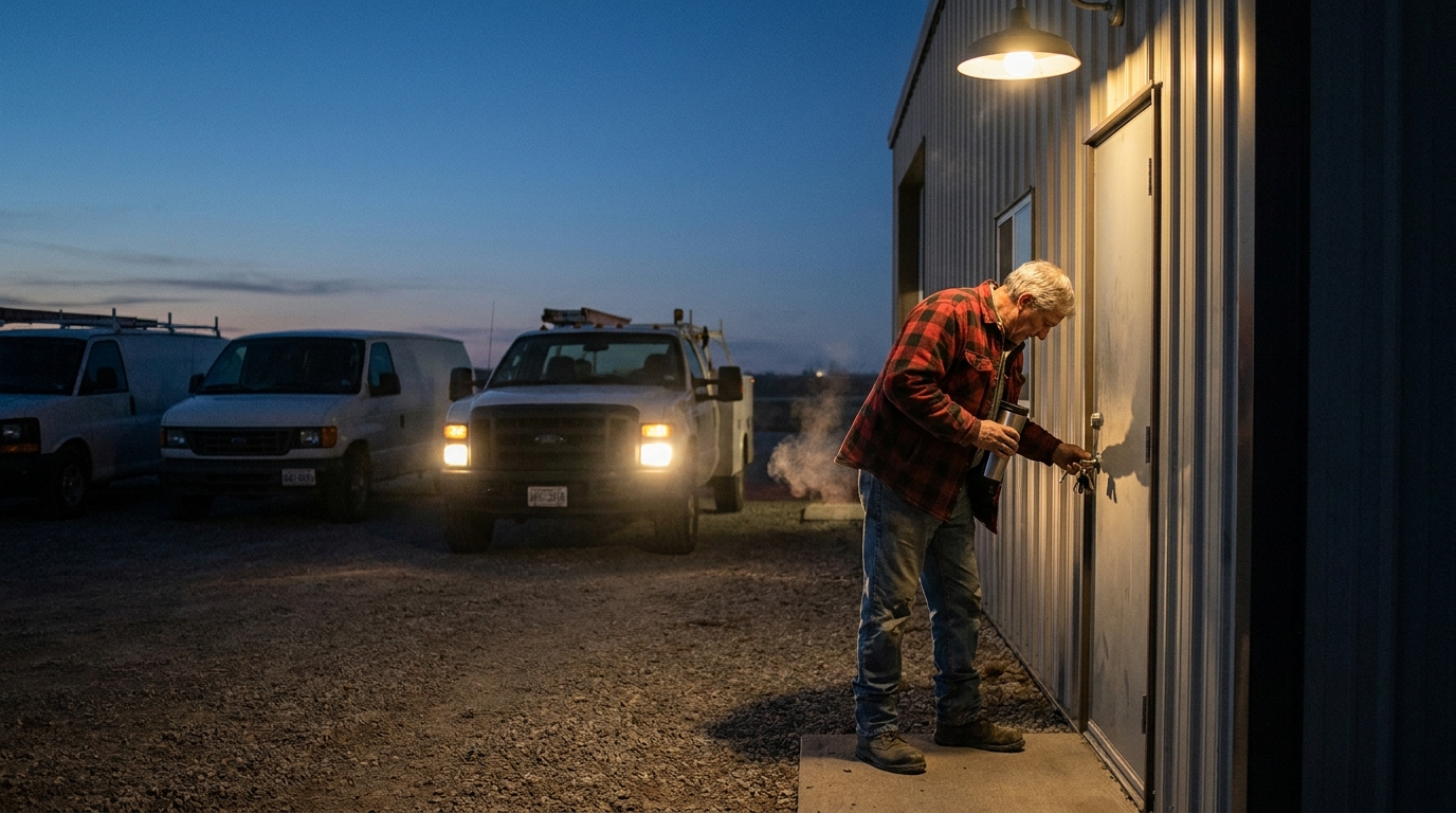 An older contractor unlocking his shop's side door before dawn, work-truck headlights and parked vans behind him.