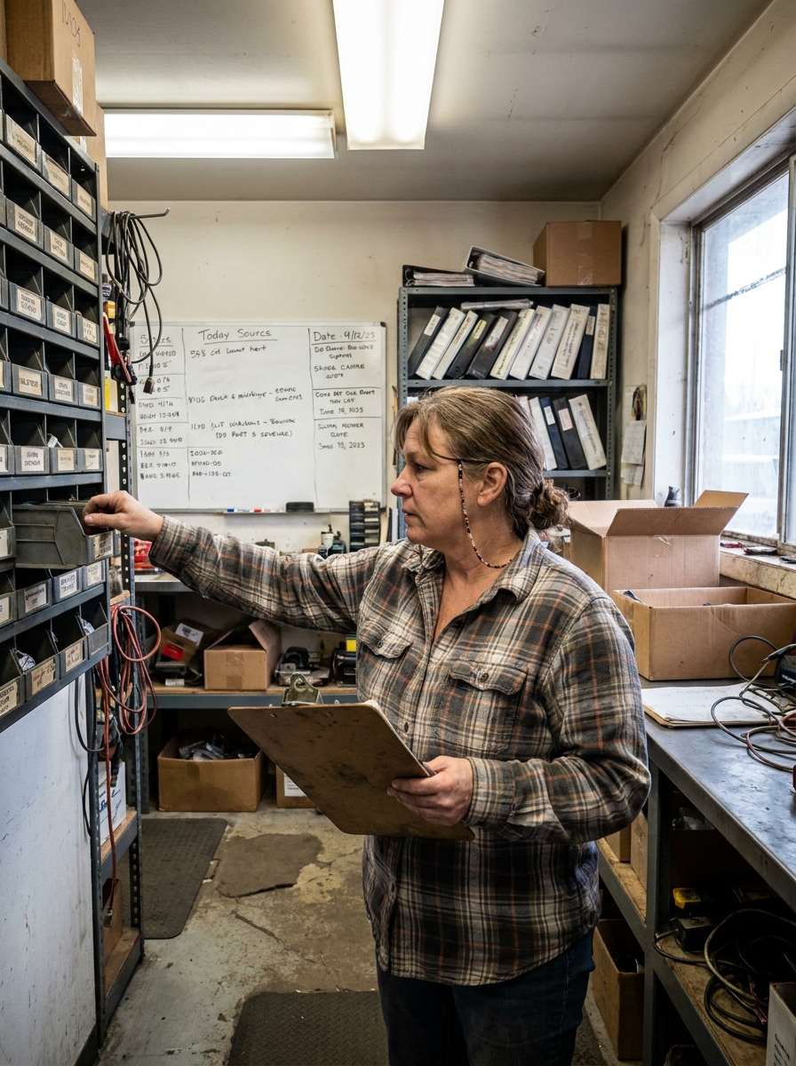 A woman in her fifties pulling a part from a wall of bins in a cluttered HVAC parts room, clipboard in hand.