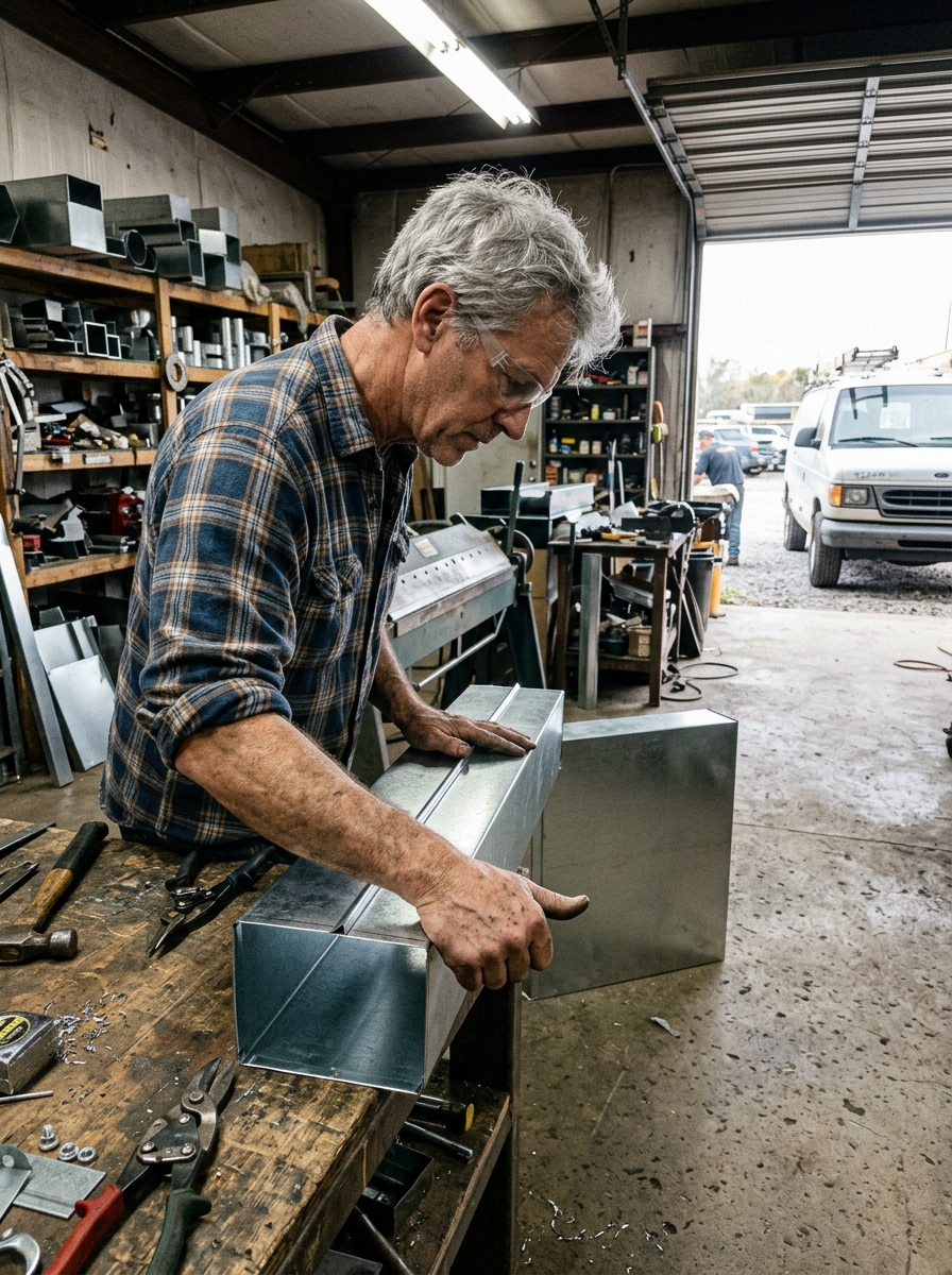 An older tradesman at a workbench inspecting a piece of fabricated sheet-metal ductwork.