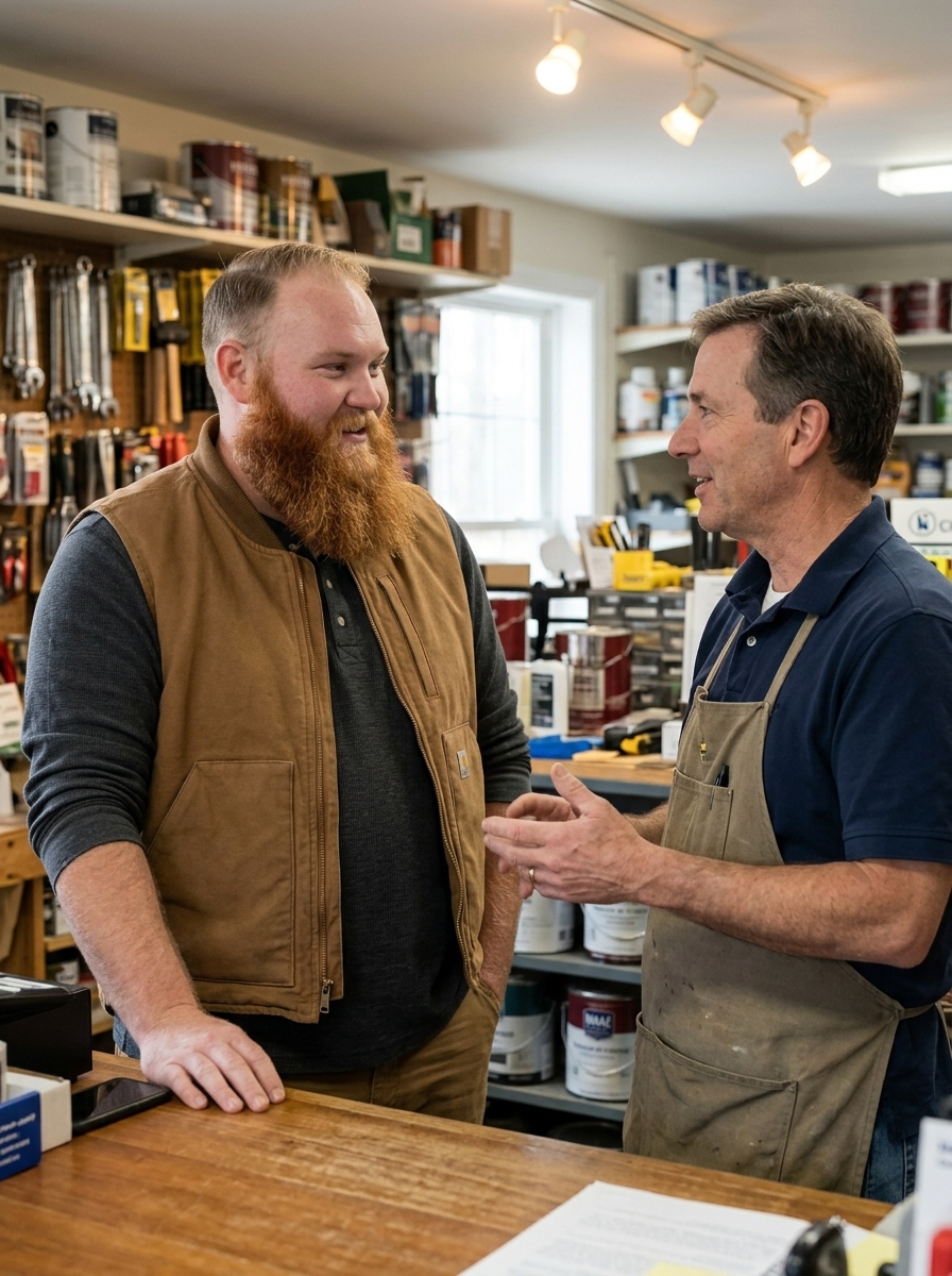 Tyler and a small-business owner wrapping up a relaxed, positive conversation in a shop.