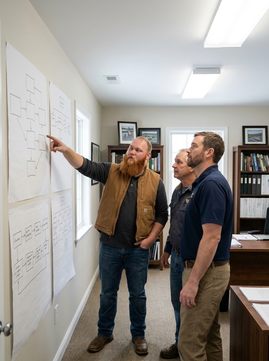 Tyler pointing at process diagrams pinned to a wall while an owner and a younger operations manager follow along.