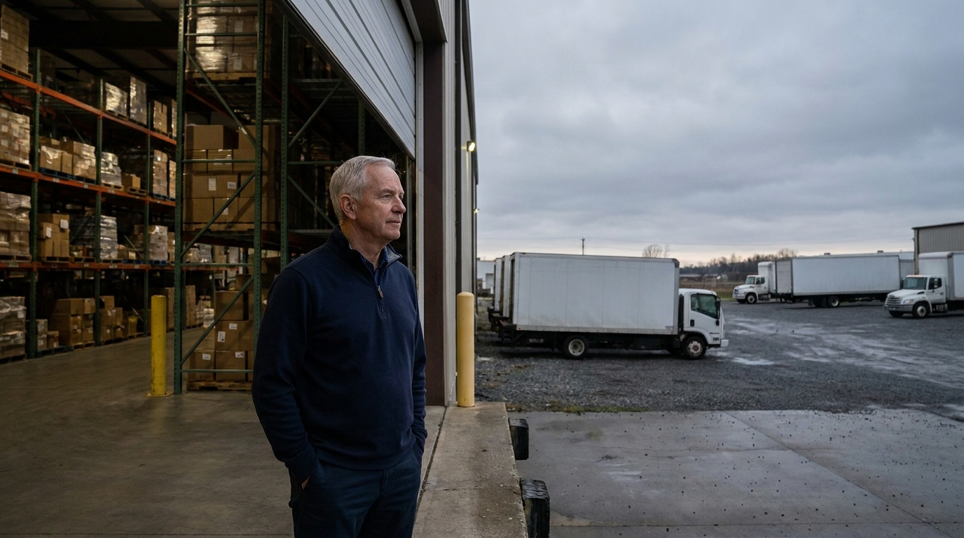 An older owner standing at an open loading dock at dusk, looking out over parked box trucks and trailers.