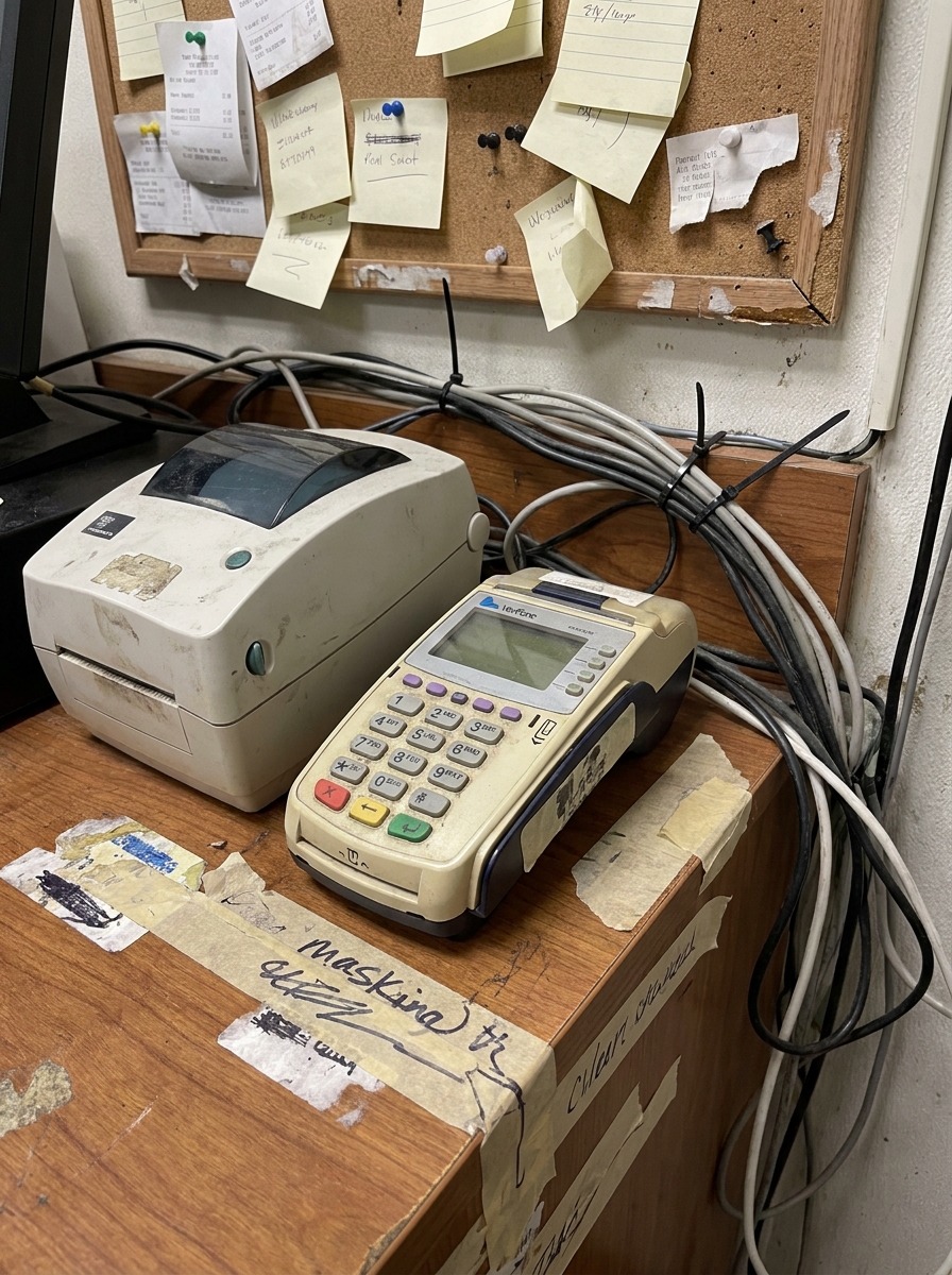 A cluttered small-business back-office counter patched together with masking tape, sticky notes, and zip-tied cords.