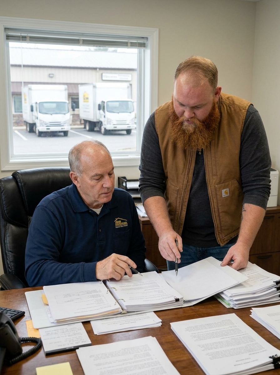 An older owner at his desk with Tyler standing beside him, both reviewing papers and an open binder.