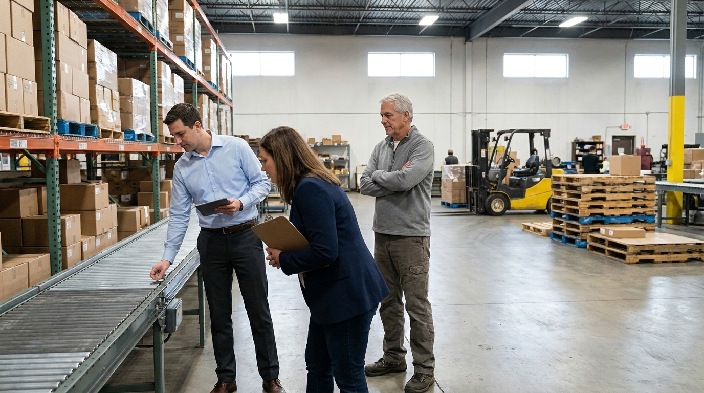 Two out-of-place visitors inspecting a warehouse conveyor and racking while the older owner watches, arms crossed.