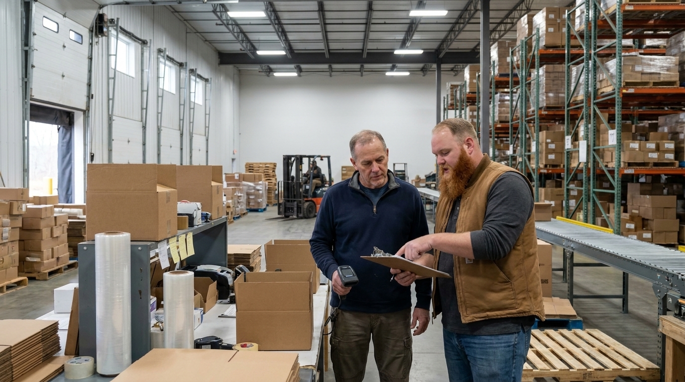 Two men at a warehouse packing station reviewing a clipboard and barcode scanner together, pallet racking and a forklift behind them.