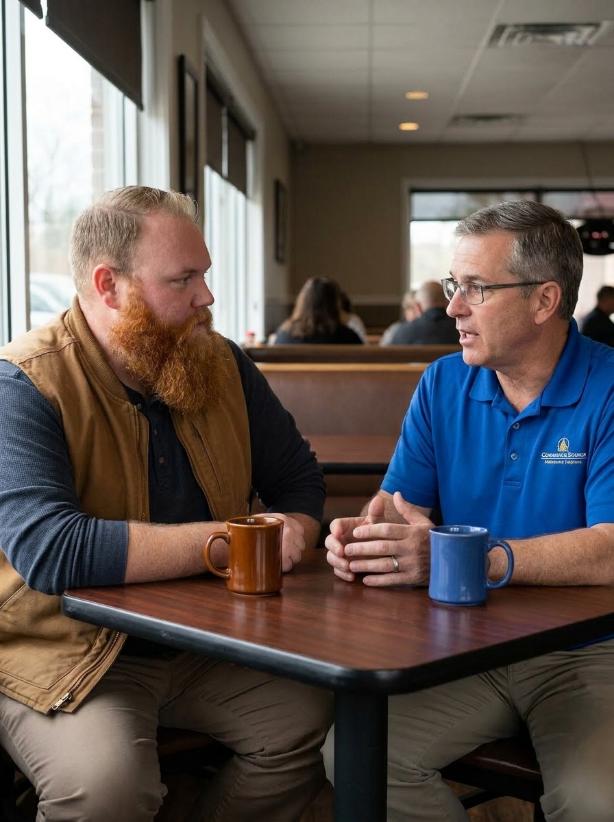 Tyler and a business owner talking across a diner table, a coffee mug in front of each.