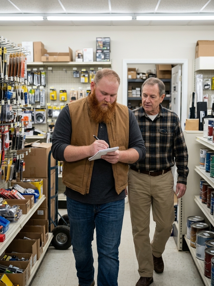 Tyler walking a retail sales floor beside the store owner, jotting in a small notebook.