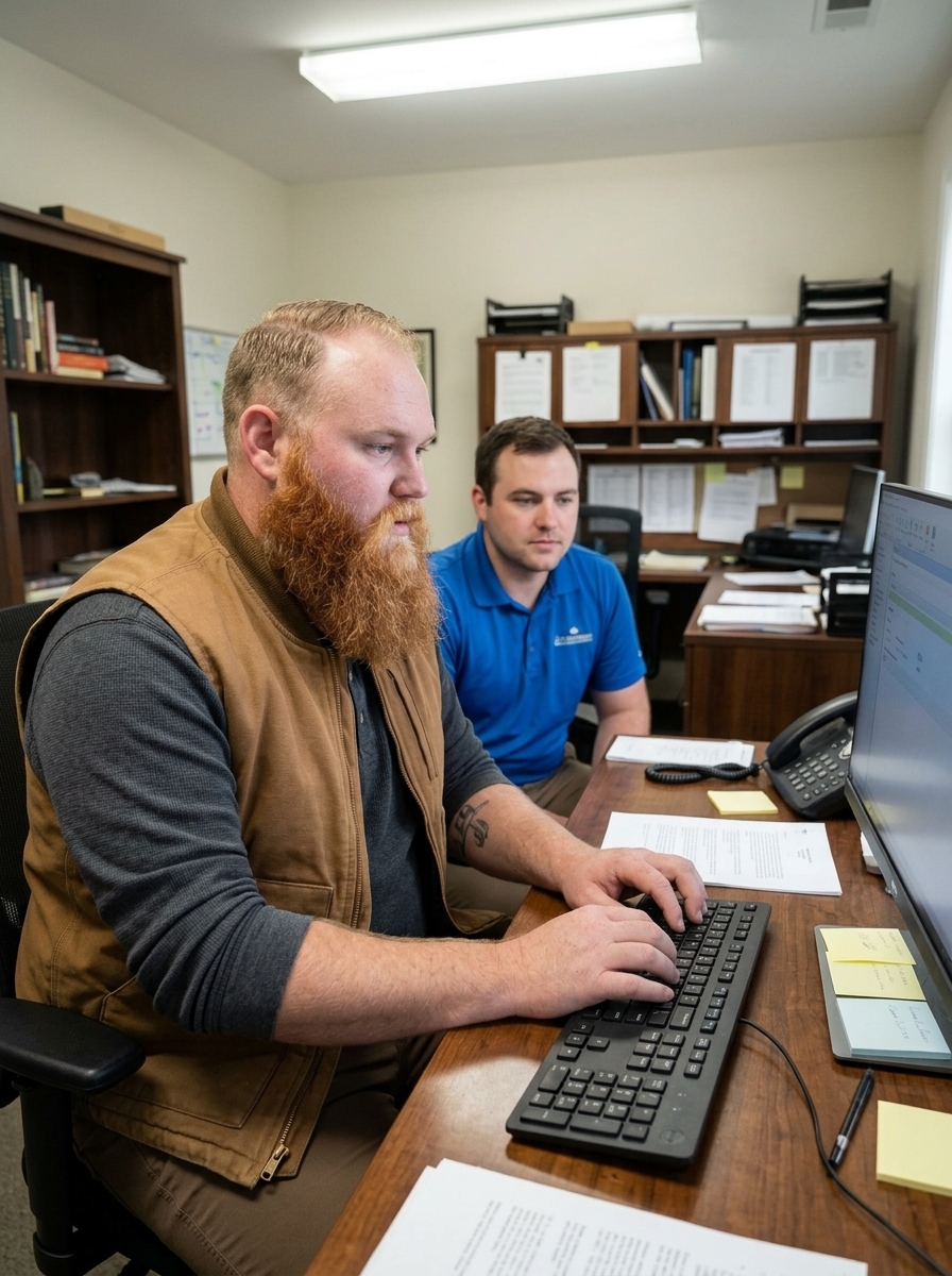 Tyler at a workstation with his hands on the keyboard, configuring software beside a seated office employee.