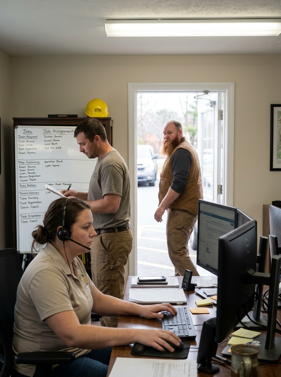 A small team working confidently on their own while a figure in a work vest walks out an open door, glancing back.