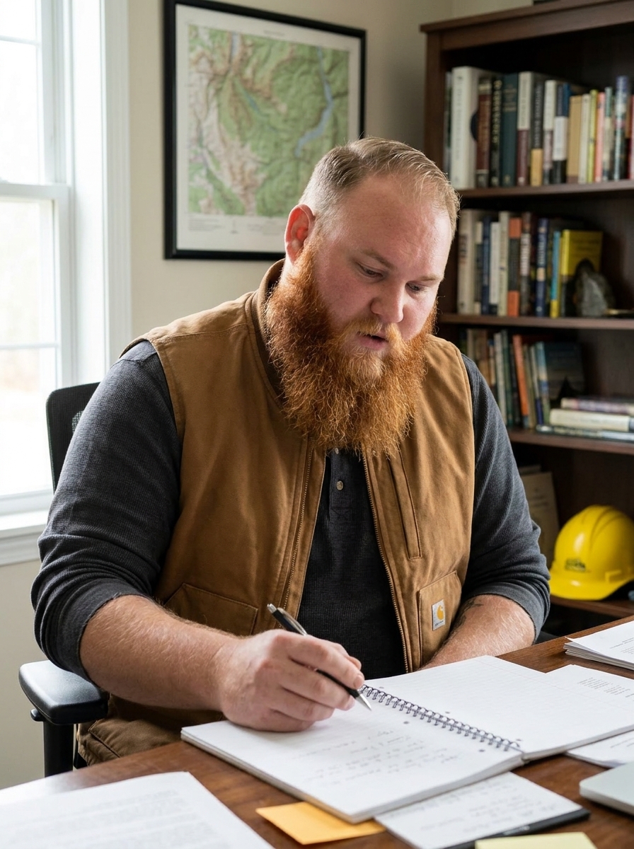 Tyler at his desk writing in an open notebook, a framed topographic map and bookshelves behind him.