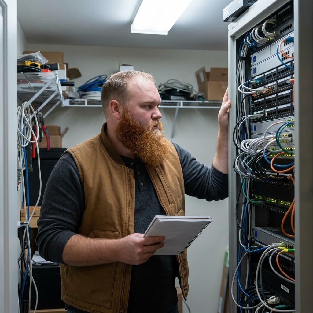 Tyler assessing a network equipment rack full of cables and indicator lights, a notebook in one hand.