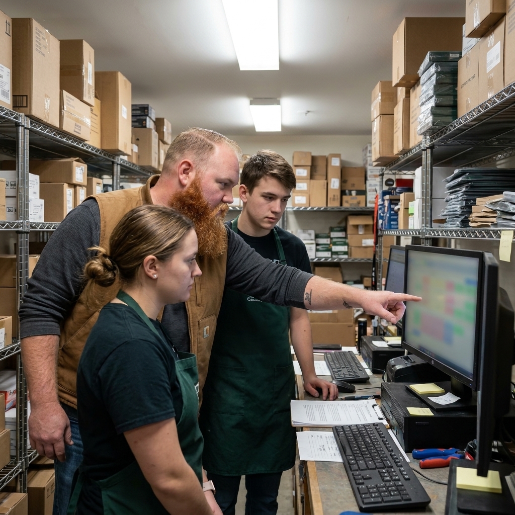 Tyler leaning over two aproned retail employees at a workstation, teaching them the software.
