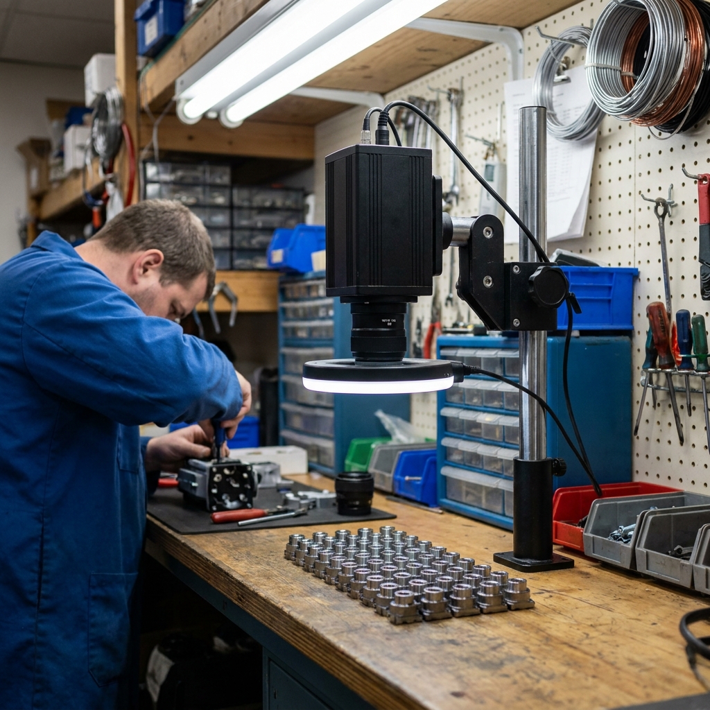 A machine-vision camera on a stand inspecting a row of parts on a workbench while a worker does other work nearby.