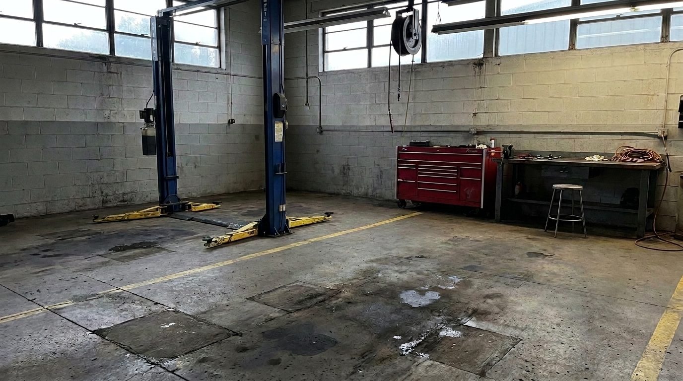 The empty service bay of a small fleet maintenance garage before the shift starts. The lift is down and unoccupied, the tool chest is pushed against the wall, an air hose hangs on a reel overhead, and the concrete floor carries old oil stains and faded lane markings. Nobody is in the room.