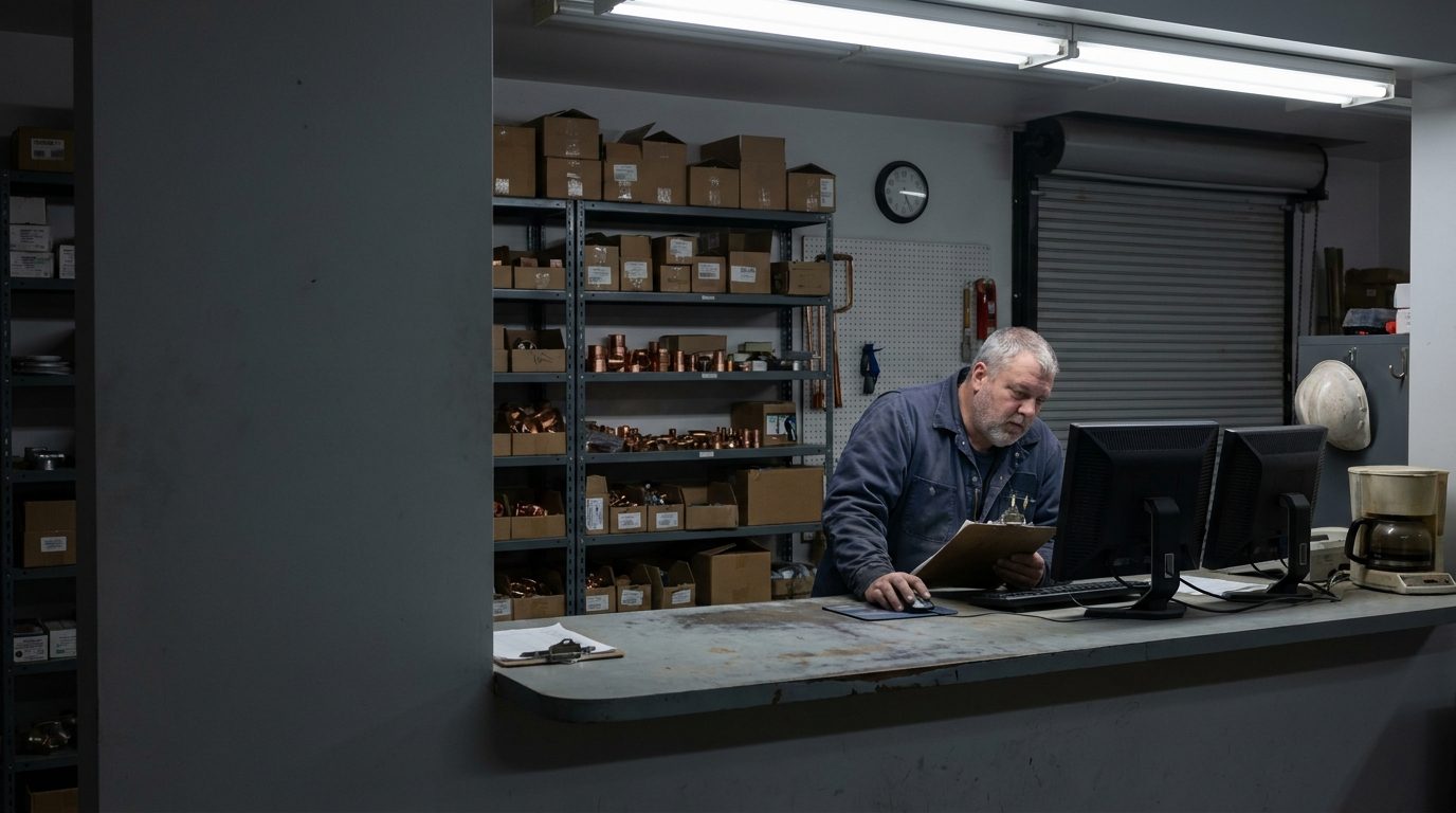 The dispatch counter of a small plumbing and heating contractor before the shop opens. The owner stands alone behind it, a clipboard in one hand and the other on the mouse, reading two mismatched monitors. Only the light over the counter is on and the rest of the shop is dark.