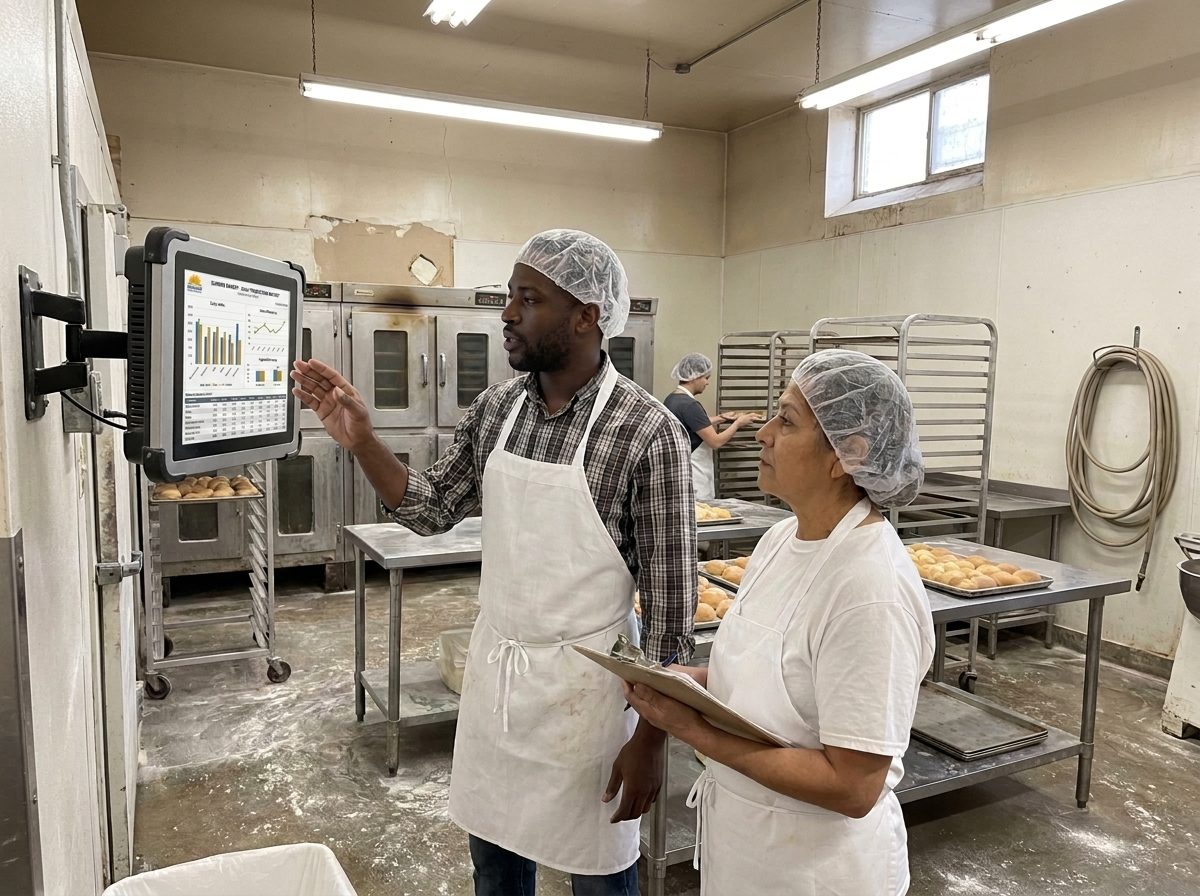 Two workers in aprons and hairnets at the packing end of a small bakery, standing at a touchscreen terminal mounted on the wall. One has a hand raised to the screen, the other holds a clipboard. Sheet-pan racks of finished rolls and flour dust on the floor behind them.